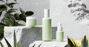 Stylized product shoot with skincare bottles on a white background, used to represent high-quality commercial visuals.