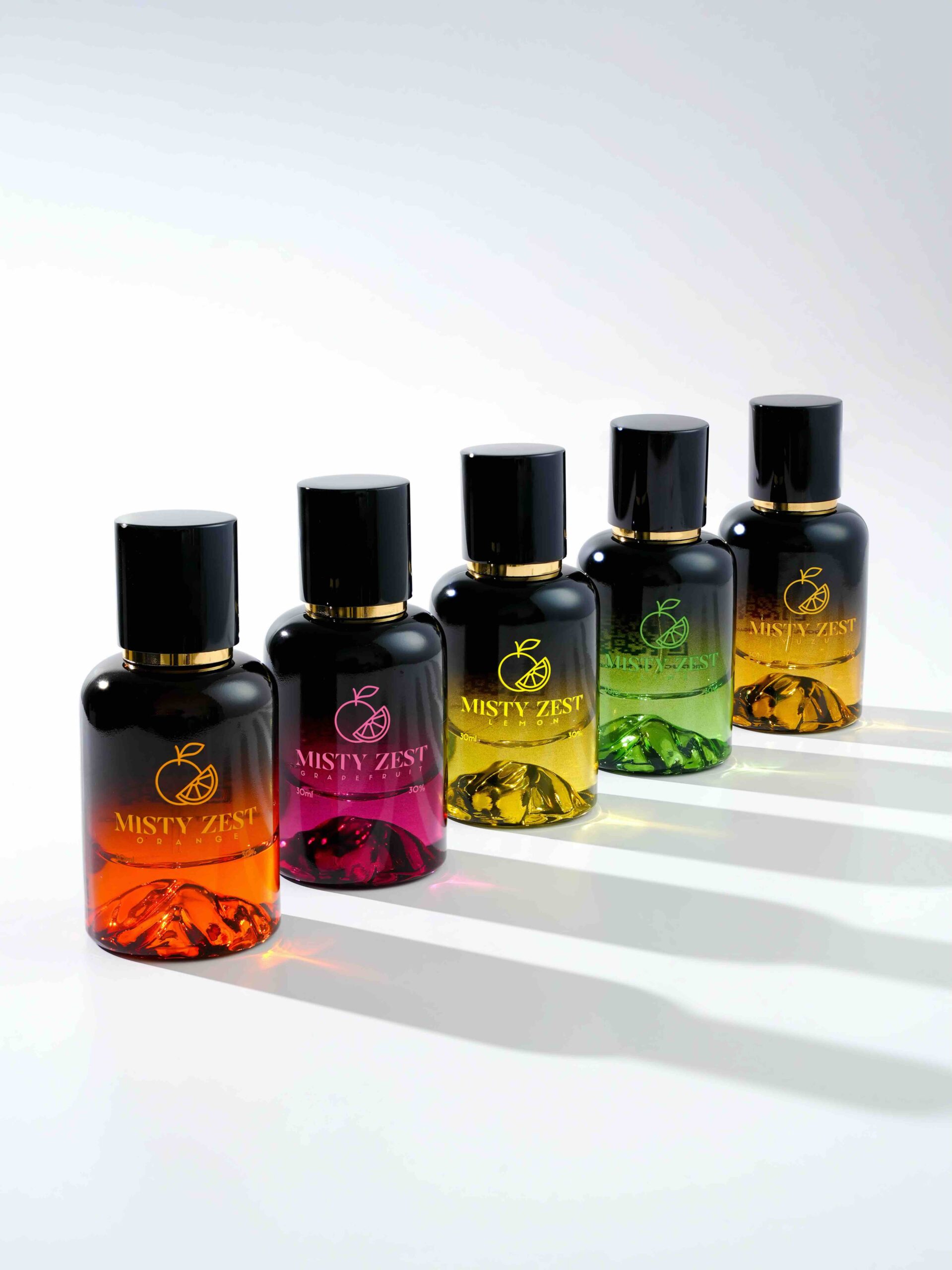 All Misty Zest Product line up and display on white background showcasing Infinite 1 styled product photography service